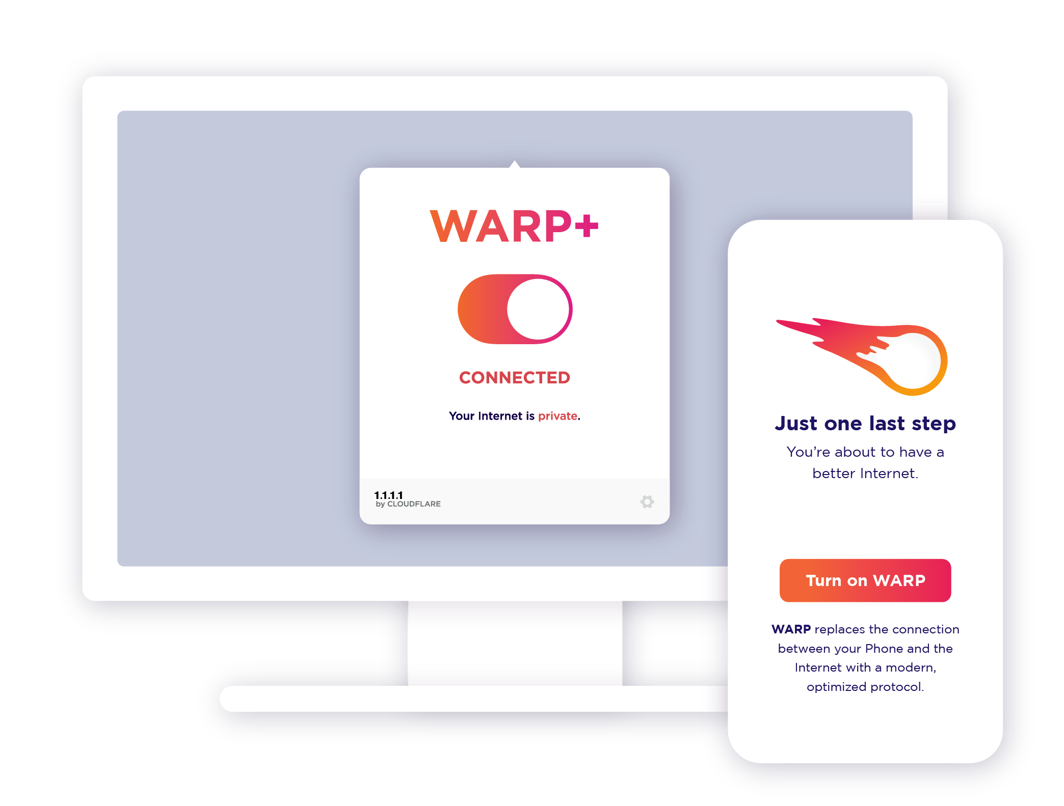 Cloudflare 공식 제품 이미지에 표시된 WARP 연결 토글, CONNECTED 상태와 오른쪽 아래 설정 아이콘