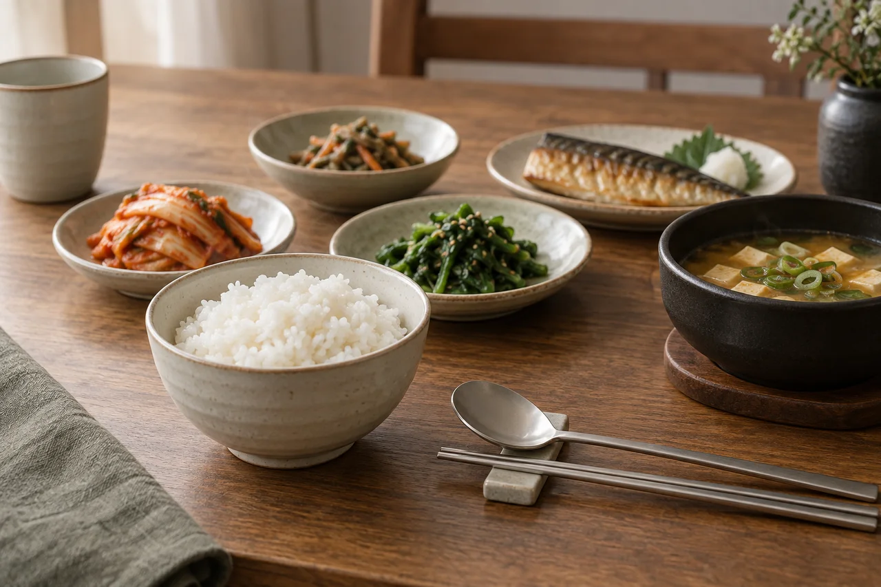 Illustrative koreanische Mahlzeit mit Reisschale auf dem Tisch und abgelegtem Besteck
