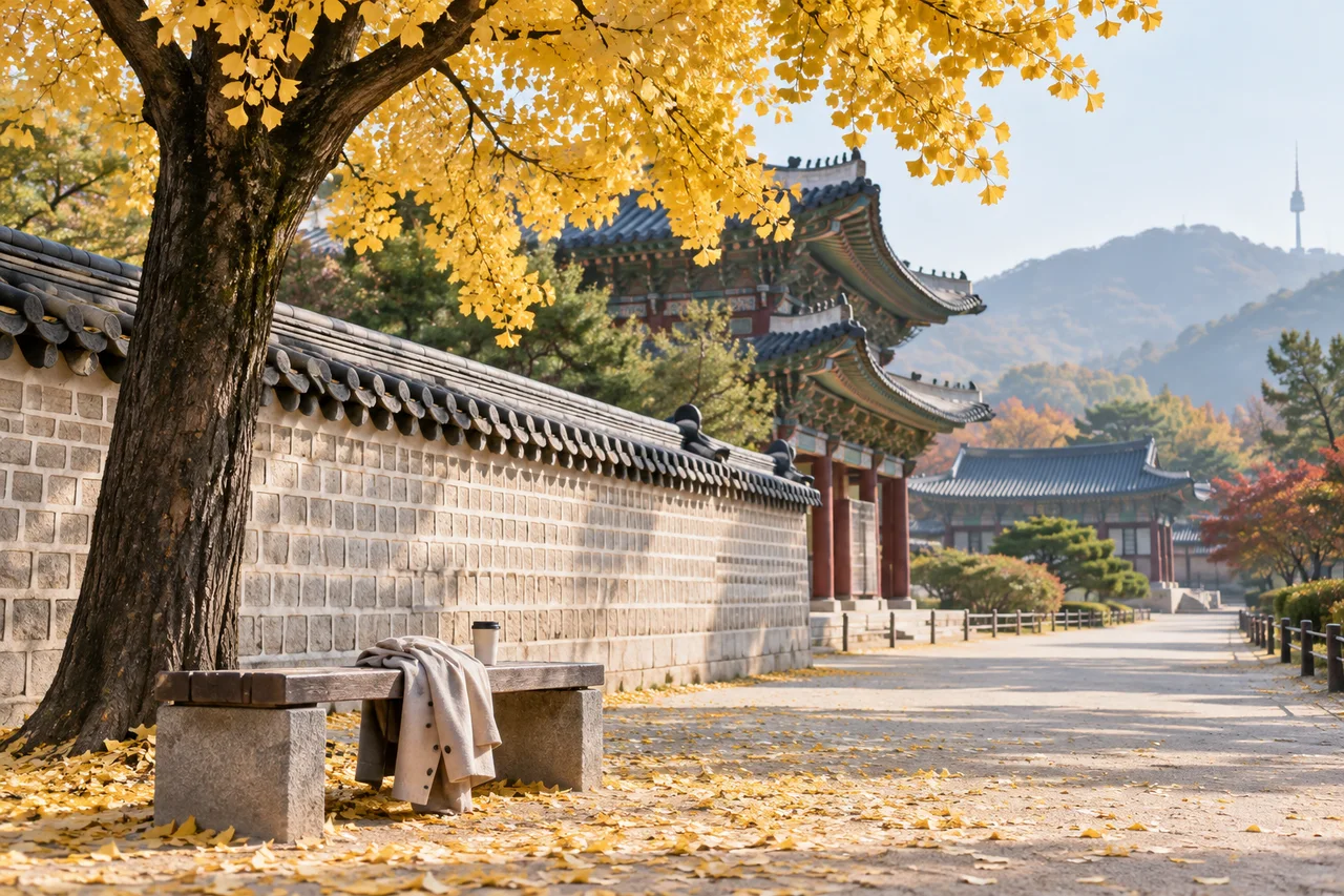 Illustrativer koreanischer Palastweg mit Herbstlaub und leichter Jacke