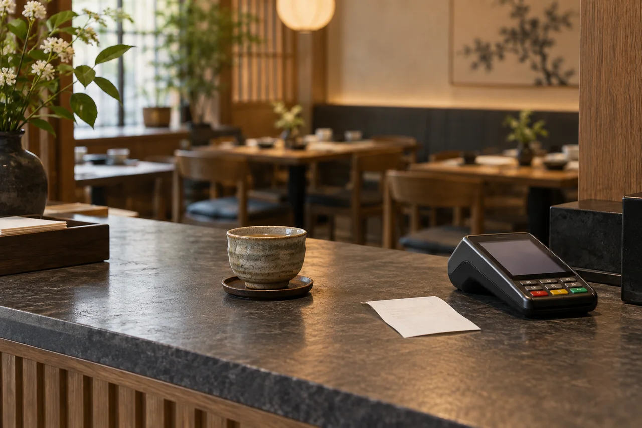 Ruhiger Kassenbereich eines koreanischen Restaurants mit Kartenterminal