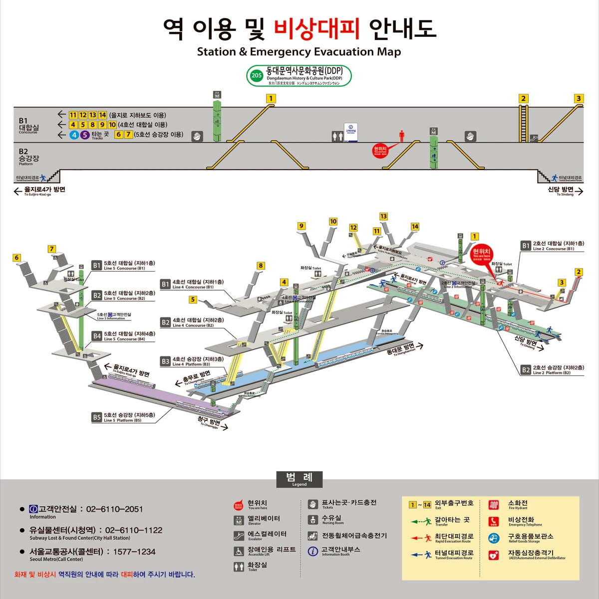 東大門歴史文化公園駅の2・4・5号線、1〜14番出口とトイレを示す公式構内図
