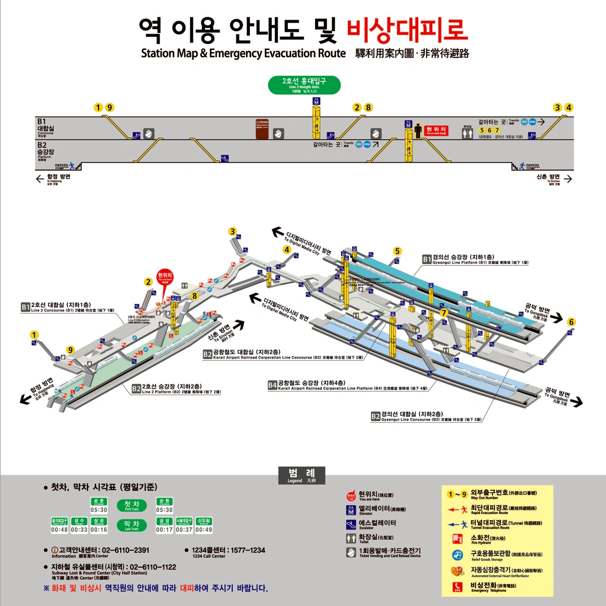 Stationsplan von Seoul Metro mit Ausgängen, Ebenen, Aufzügen und Toiletten