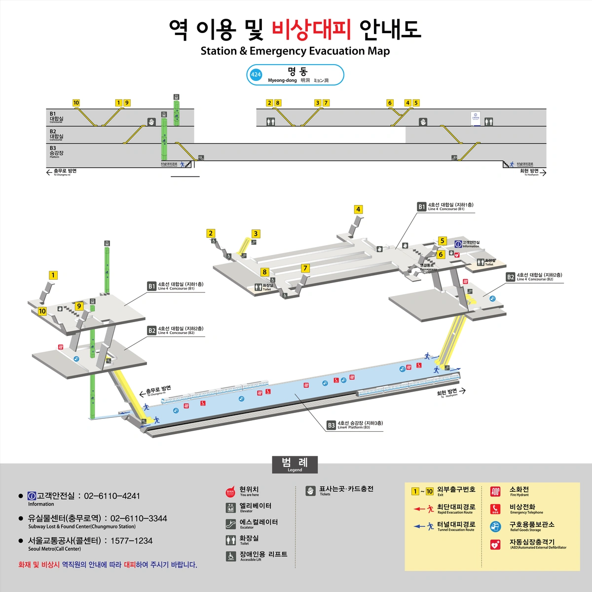 Stationsplan von Seoul Metro mit Ausgängen, Ebenen, Aufzügen und Toiletten