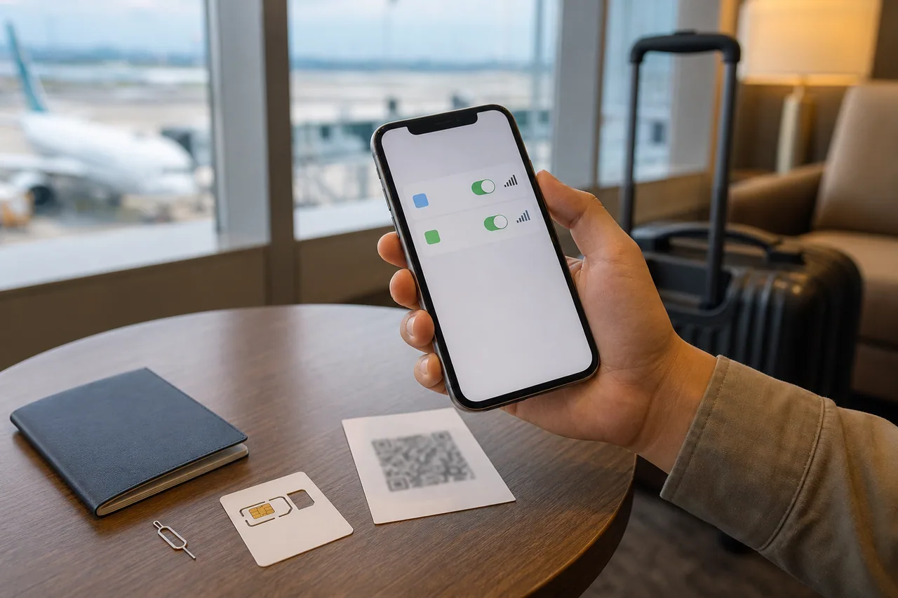 Reisende Person prüft am Flughafen zwei Mobilfunkleitungen neben physischer SIM und unbrauchbarer Beispiel-QR-Karte