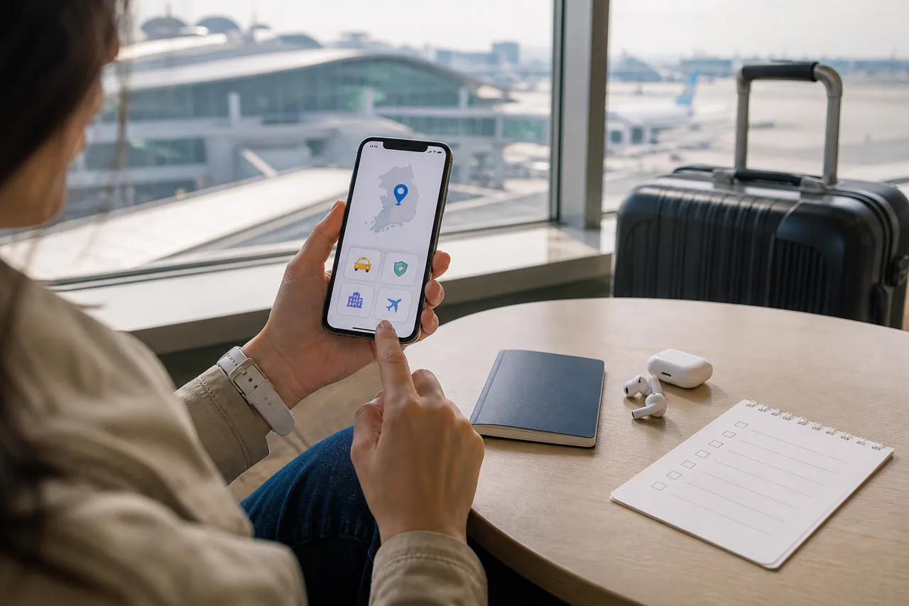 Reisende Person prüft am Flughafen Korea-Karte, Taxi-, Sicherheits- und Reiseplanungsfunktionen auf dem Smartphone