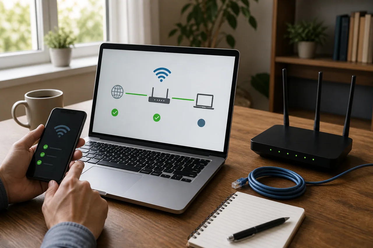 네트워크 진단 화면이 열린 노트북과 Wi-Fi 공유기, 비교 테스트용 스마트폰