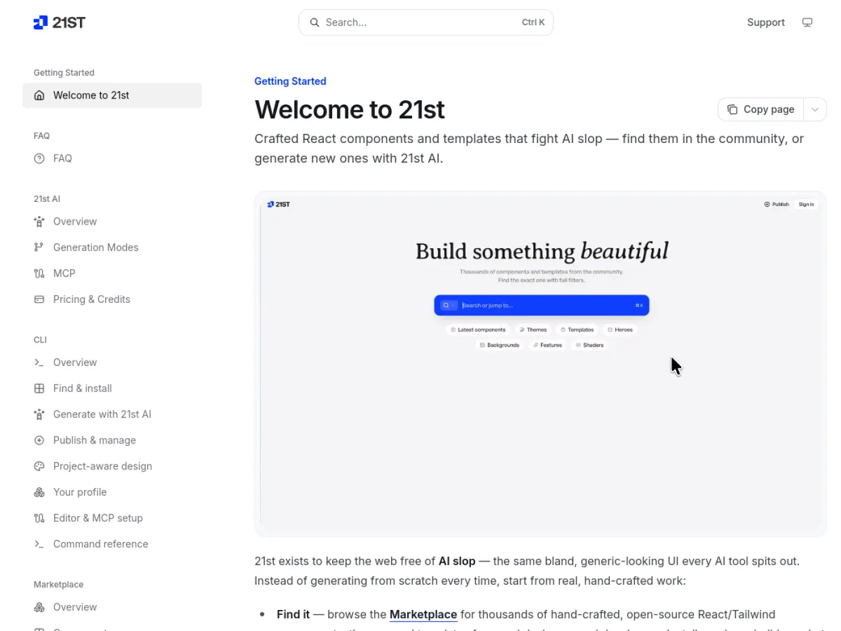 검색과 CLI 설치 흐름을 설명하는 21st.dev 공식 도움말 화면