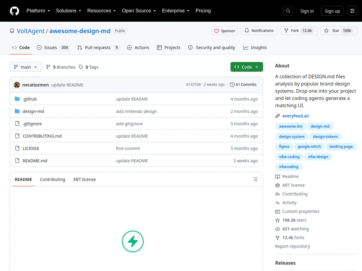 분석 자료 폴더와 README를 확인할 수 있는 Awesome DESIGN.md 공식 GitHub 저장소