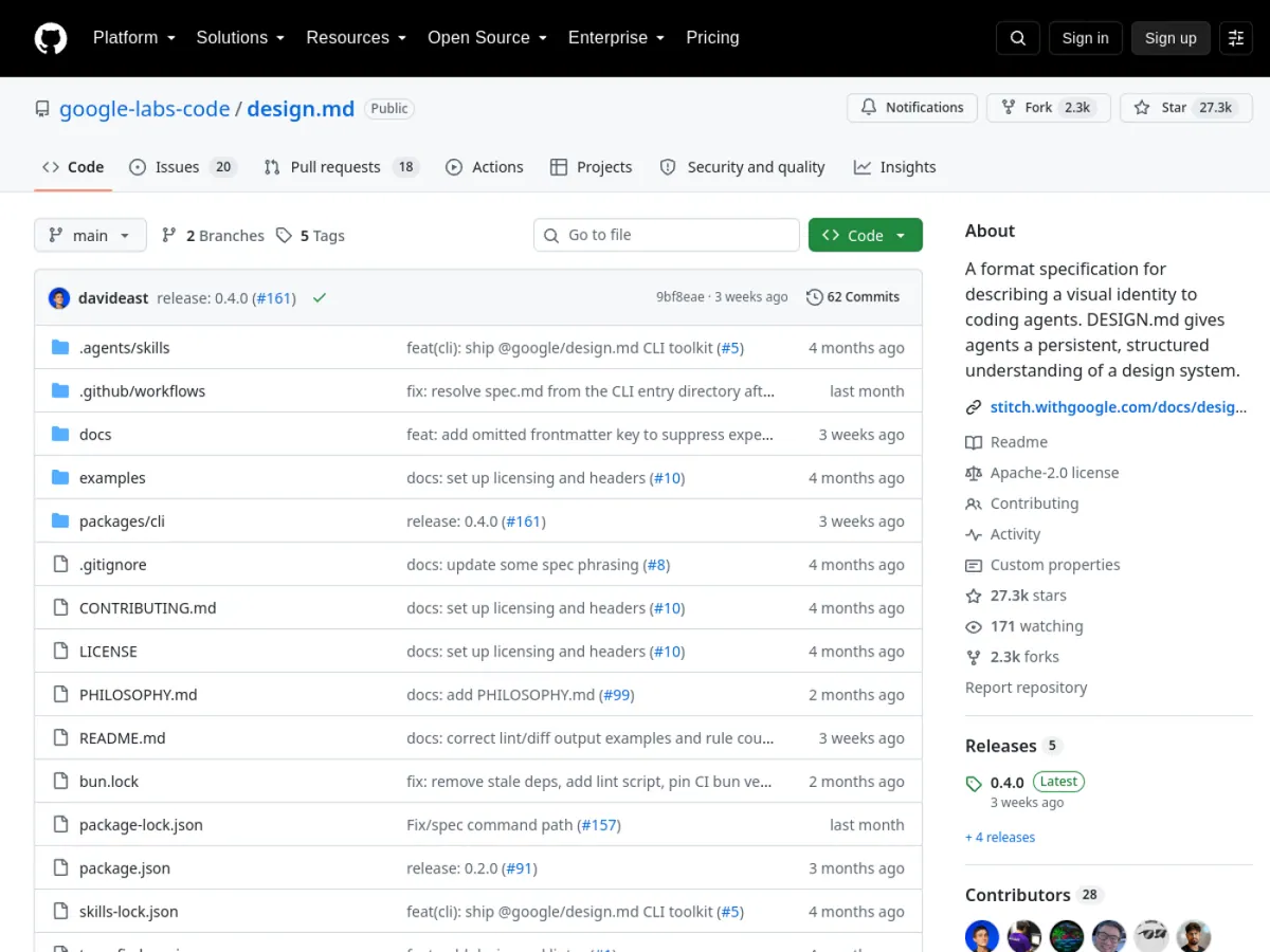 명세 문서와 CLI 소스가 함께 공개된 Google Labs Code DESIGN.md 공식 저장소