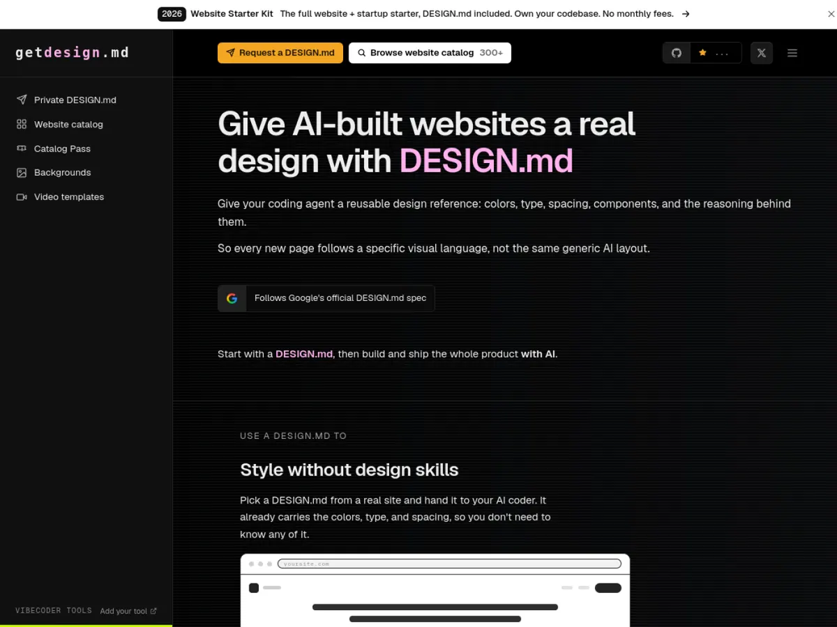 디자인 분석과 카탈로그 탐색 메뉴를 보여주는 getdesign.md 공식 화면