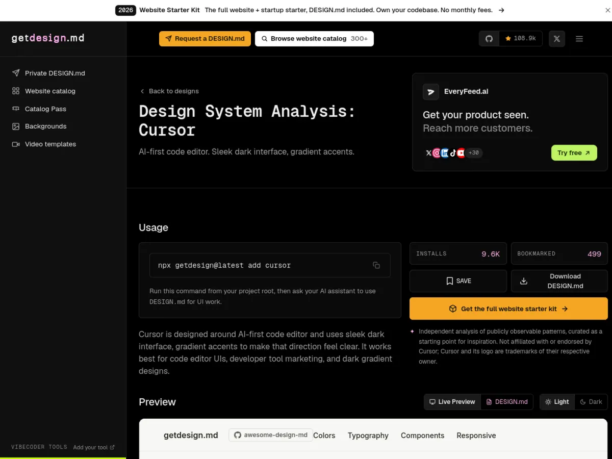 Cursor 분석의 설치 명령과 미리보기를 함께 보여주는 getdesign.md 상세 화면