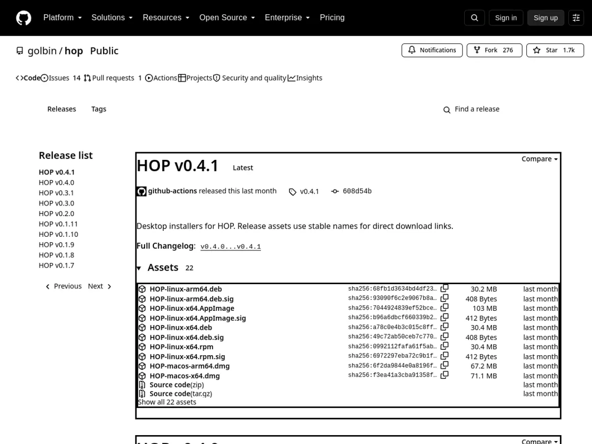 Windows macOS Linux 설치 파일을 확인할 수 있는 HOP 공식 GitHub 릴리스 화면