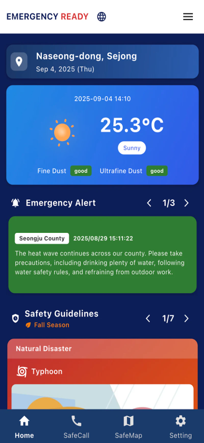 Emergency Ready home screen showing local weather, an emergency alert, and safety guidelines