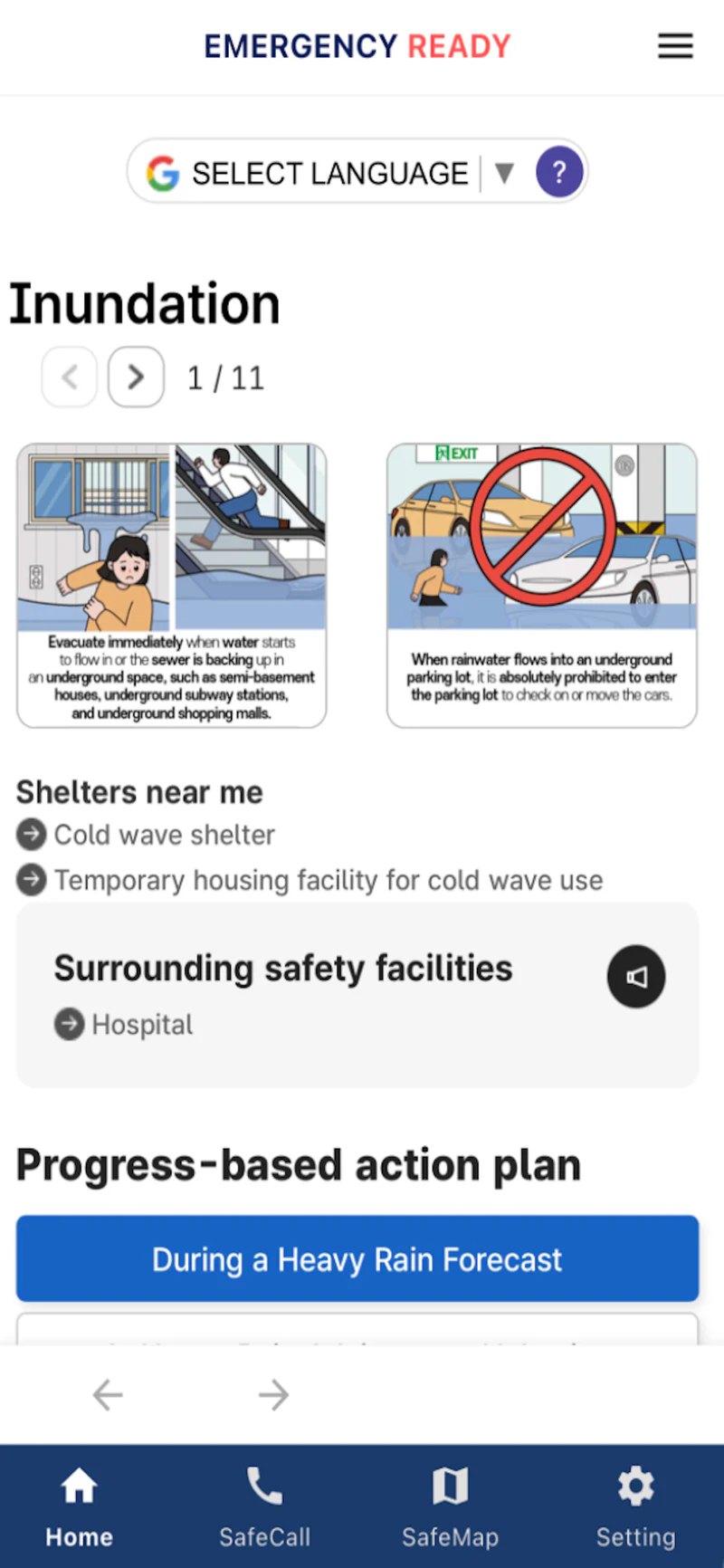 Emergency Ready inundation guide with evacuation advice, nearby shelters, and safety facilities