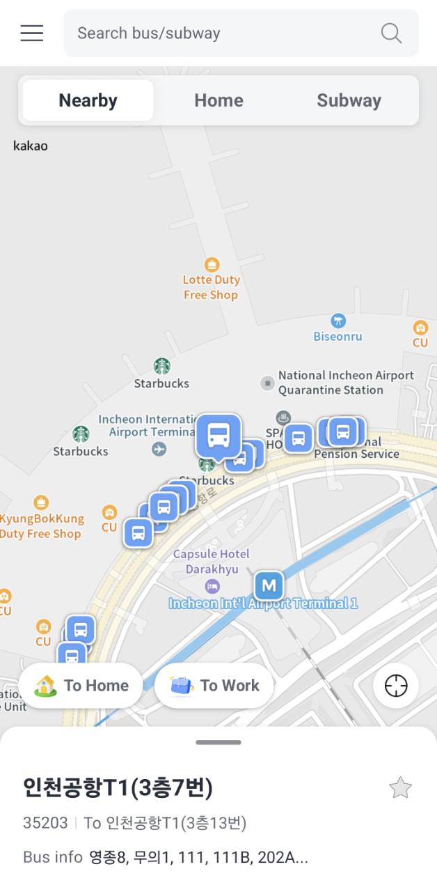 KakaoBus home screen with Nearby, Home, and Subway tabs