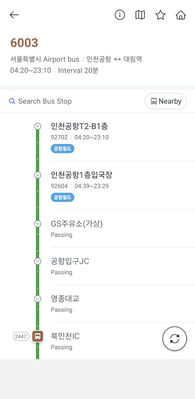 KakaoBus route 6003 page with stop order and current bus position
