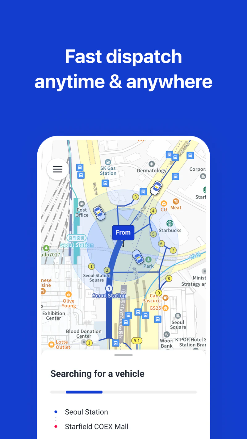 k.ride searching for a taxi between Seoul Station and Starfield COEX Mall