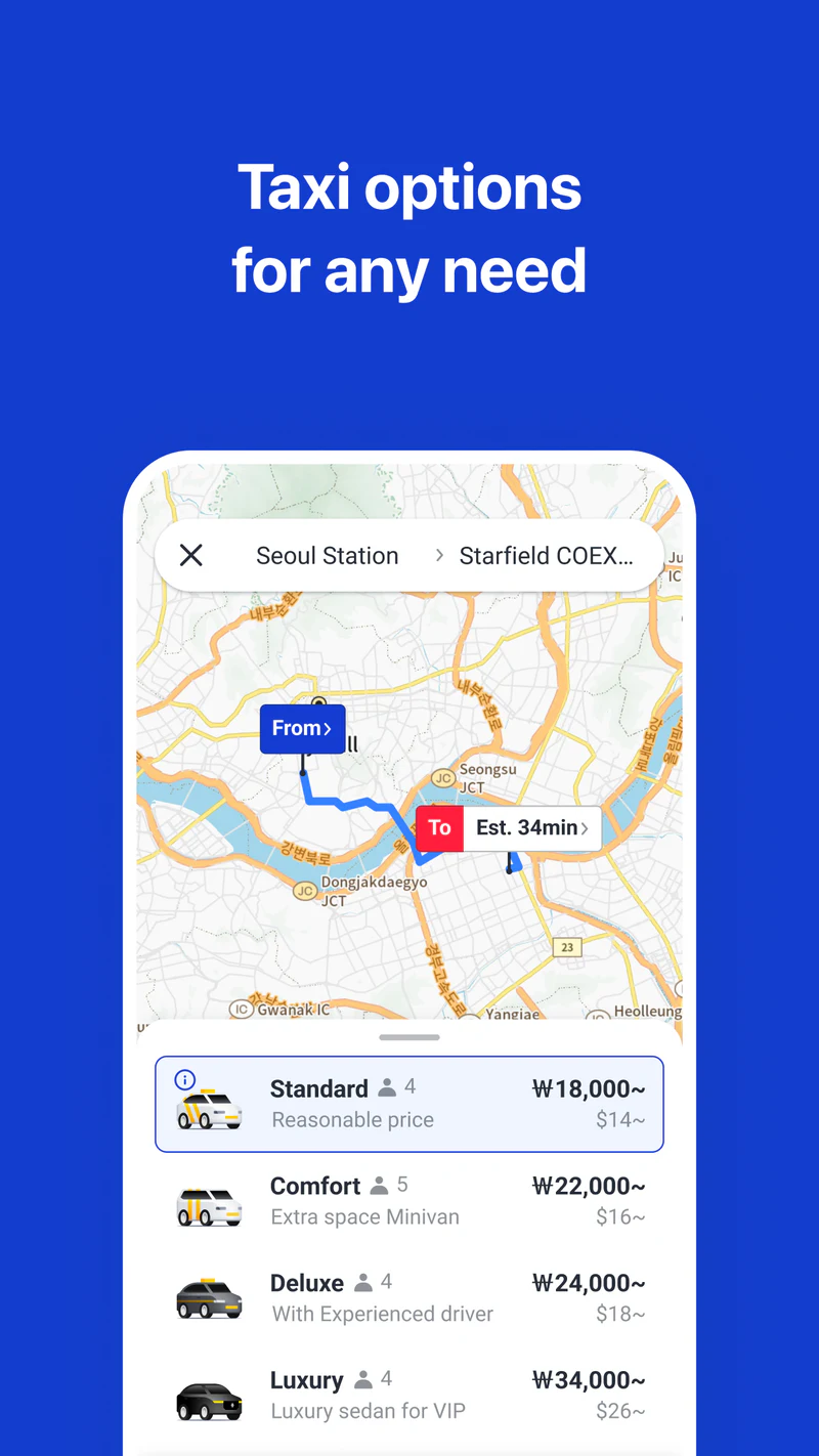 k.ride screen showing estimated fares for Standard, Comfort, Deluxe, and Luxury taxis