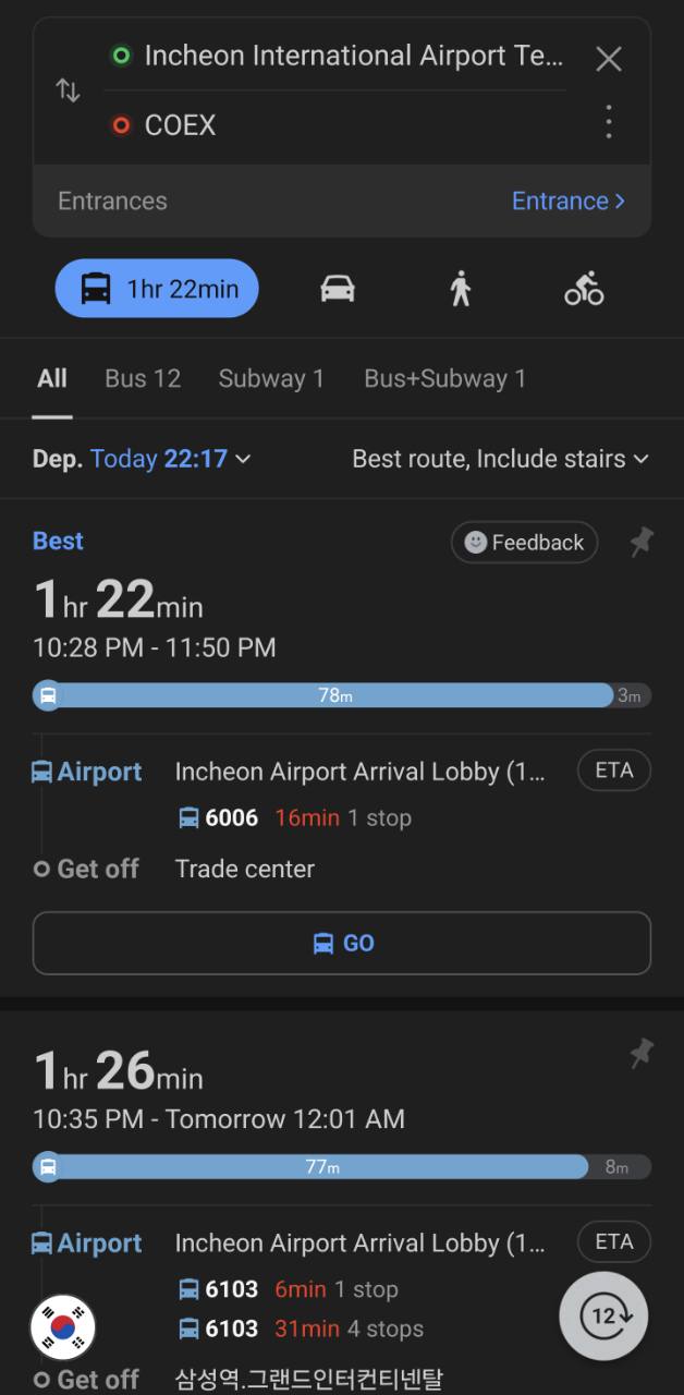 NAVER Map public transport routes from Incheon International Airport to COEX