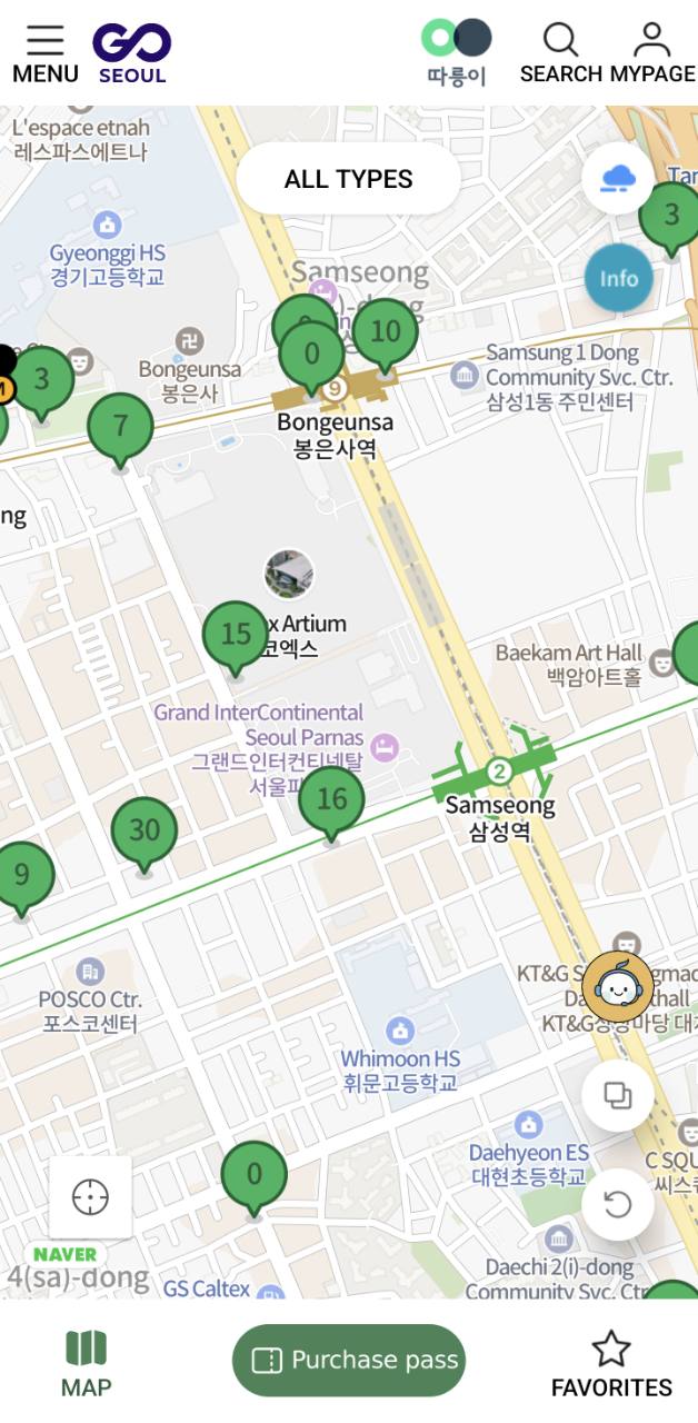 Seoul Bike station map near COEX, Samseong, and Bongeunsa with green availability markers