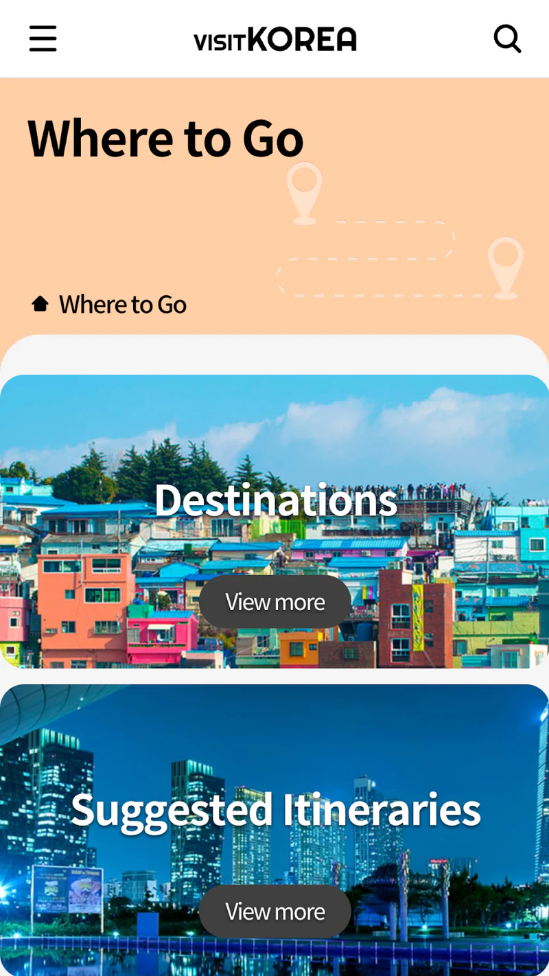 VISITKOREA Where to Go screen with Destinations and Suggested Itineraries