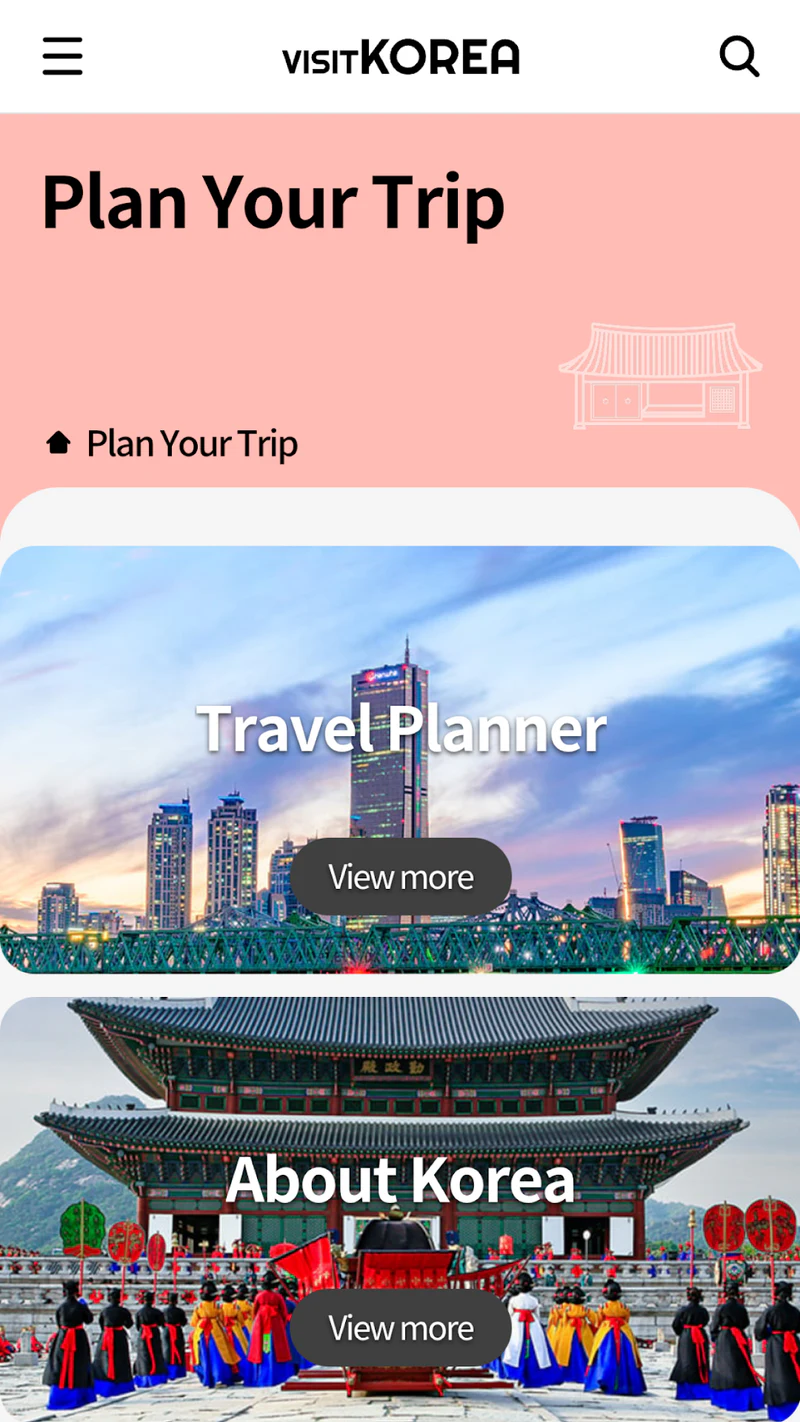 VISITKOREA Plan Your Trip screen with Travel Planner and About Korea sections